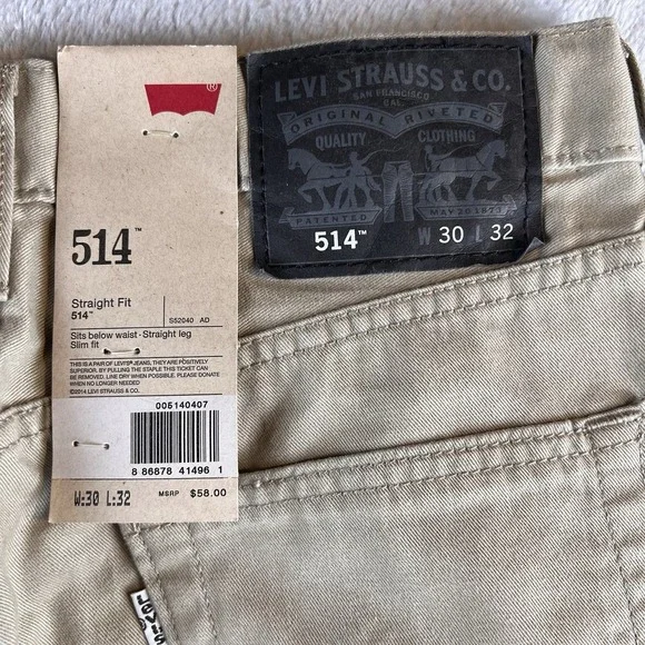 Levis 514 Pants Mens 30x32 Beige Straight Fit Khaki Chino Preppy NWT - Picture 3 of 10